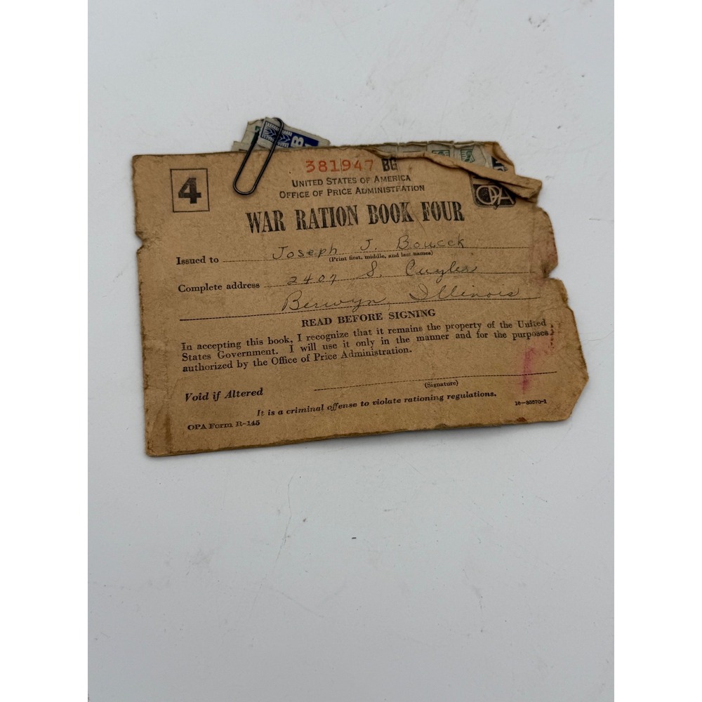 Vintage 1943 WWII US War Ration Book Four 4 With Stamps Berwyn Illinois OPA